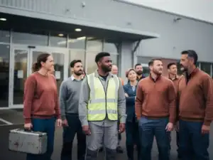 Diverse groep arbeiders met gereedschapskist en reflectievest bij ingang van industriële faciliteit in Groningen.