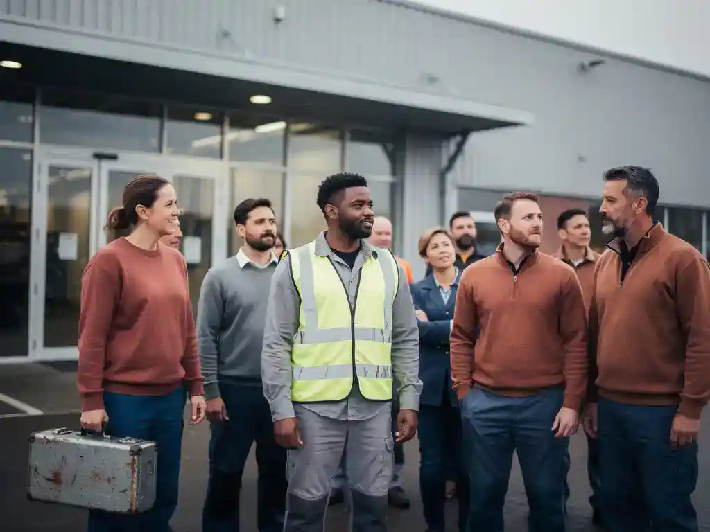 Diverse groep arbeiders met gereedschapskist en reflectievest bij ingang van industriële faciliteit in Groningen.