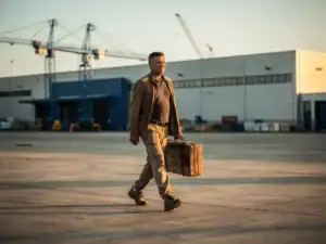 Arbeidsmigrант met versleten reistas arriveert bij Nederlands industrieterrein met kranen en loodsen in warme ochtendlicht.