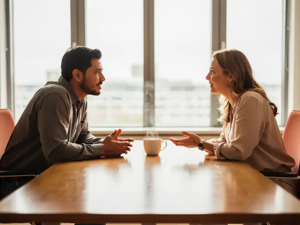 Arbeidsmigrант in gesprek met recruitmentconsulent aan bureau in modern Gronings kantoor, koffie en natuurlijk daglicht.
