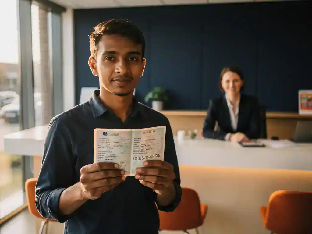 Arbeidsmigrант toont Nederlands identiteitsbewijs aan balie van overheidskantoor, vriendelijke medewerker op achtergrond.