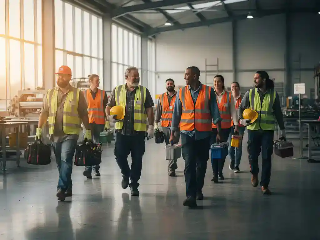 Diverse arbeidsmigranten met werkuitrusting arriveren in een moderne Nederlandse industriële werkruimte met grote ramen.