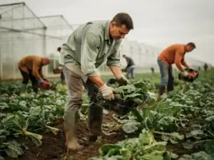 Arbeidsmigranten oogsten groenten op een Nederlands akkerland, met kassen op de achtergrond en bewolkte lucht.