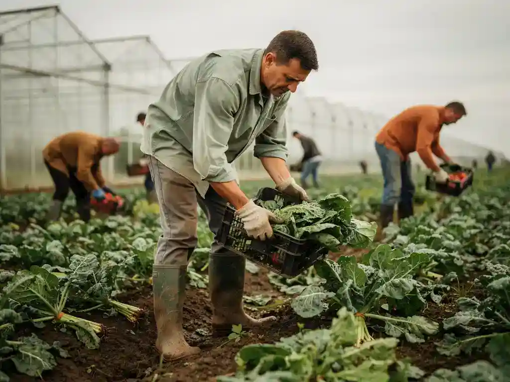 Arbeidsmigranten oogsten groenten op een Nederlands akkerland, met kassen op de achtergrond en bewolkte lucht.