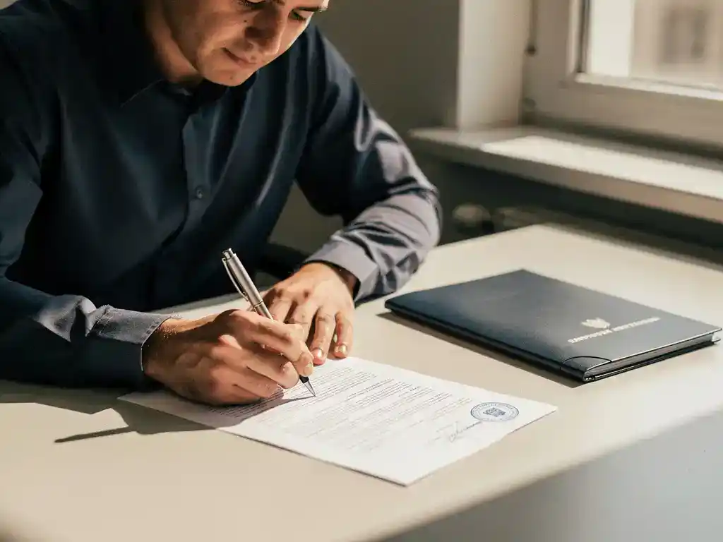 Arbeidsmigrант vult registratieformulieren in aan kantoorbureau met werkgeversmap en gestempeld document, Noord-Europees daglicht.