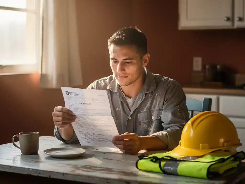 Arbeidsmigrант in werkkleding leest arbeidscontract aan keukentafel, bouwhelm en veiligheidsvest op de achtergrond.