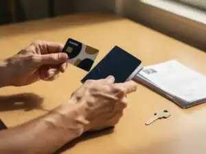 Arbeidsmigrант houdt Nederlandse bankpas en paspoort vast boven houten bureau, met officiële documenten en huissleutel ernaast.