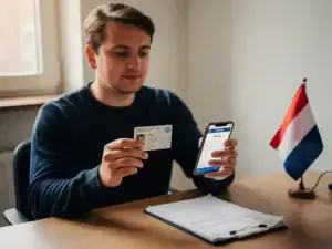 Arbeidsmigrант aan houten bureau met DigiD-inlogscherm op smartphone en Nederlands identiteitsbewijs, werkcontract en kleine Nederlandse vlag zichtbaar.