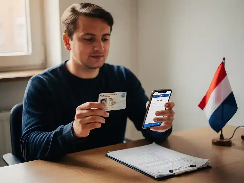 Arbeidsmigrант aan houten bureau met DigiD-inlogscherm op smartphone en Nederlands identiteitsbewijs, werkcontract en kleine Nederlandse vlag zichtbaar.