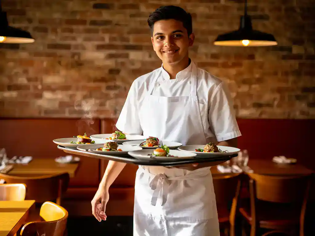Jonge arbeidsmigrант in wit schort serveert elegante gerechten in een warm verlicht Nederlands restaurant met bakstenen muren.