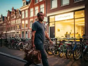 Arbeidsmigrант met versleten leren tas op een Nederlandse straat, rode bakstenen grachtengebouwen en fietsenrekken op de achtergrond.