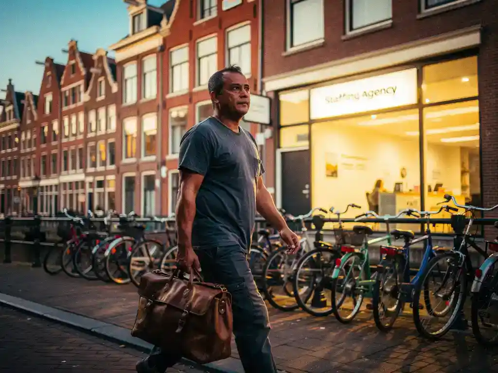 Arbeidsmigrант met versleten leren tas op een Nederlandse straat, rode bakstenen grachtengebouwen en fietsenrekken op de achtergrond.