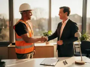 Arbeidsmigrant in veiligheidshelm en hesje schudt hand met recruiter in modern Gronings kantoor, warme natuurlijke belichting.