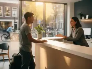 Arbeidsmigrант arriveert bij receptiebalie van uitzendbureau in Groningen, consultant verwelkomt hem hartelijk in licht modern kantoor.