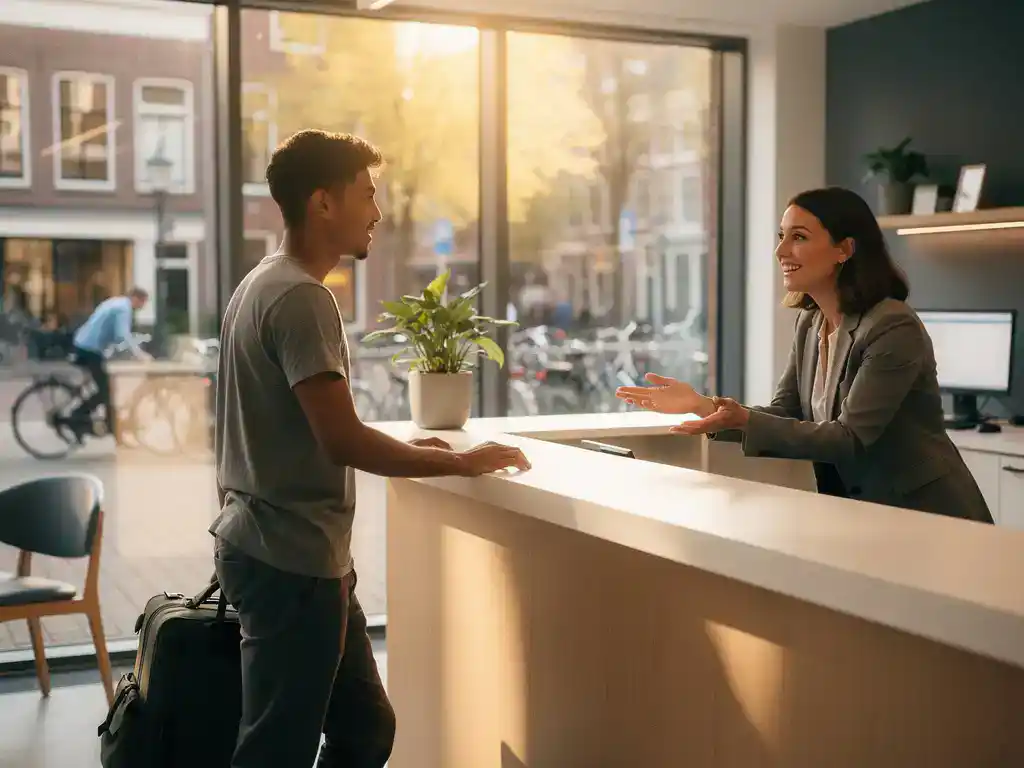 Arbeidsmigrант arriveert bij receptiebalie van uitzendbureau in Groningen, consultant verwelkomt hem hartelijk in licht modern kantoor.