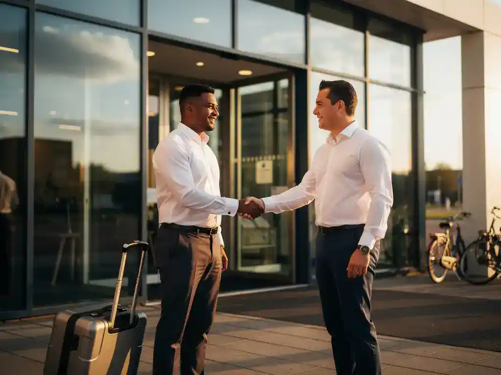 Arbeidsmigrант schudt hand met recruiter bij ingang van modern glazen kantoorgebouw in Nederland, koffer naast zich.