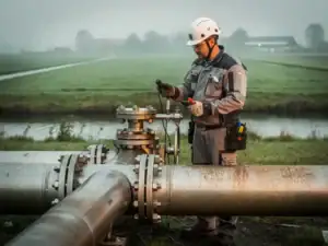 Technicus inspecteert industriële pijpleidingen op mistig Noord-Nederlands werkterrein met vlak polderlandschap op de achtergrond.