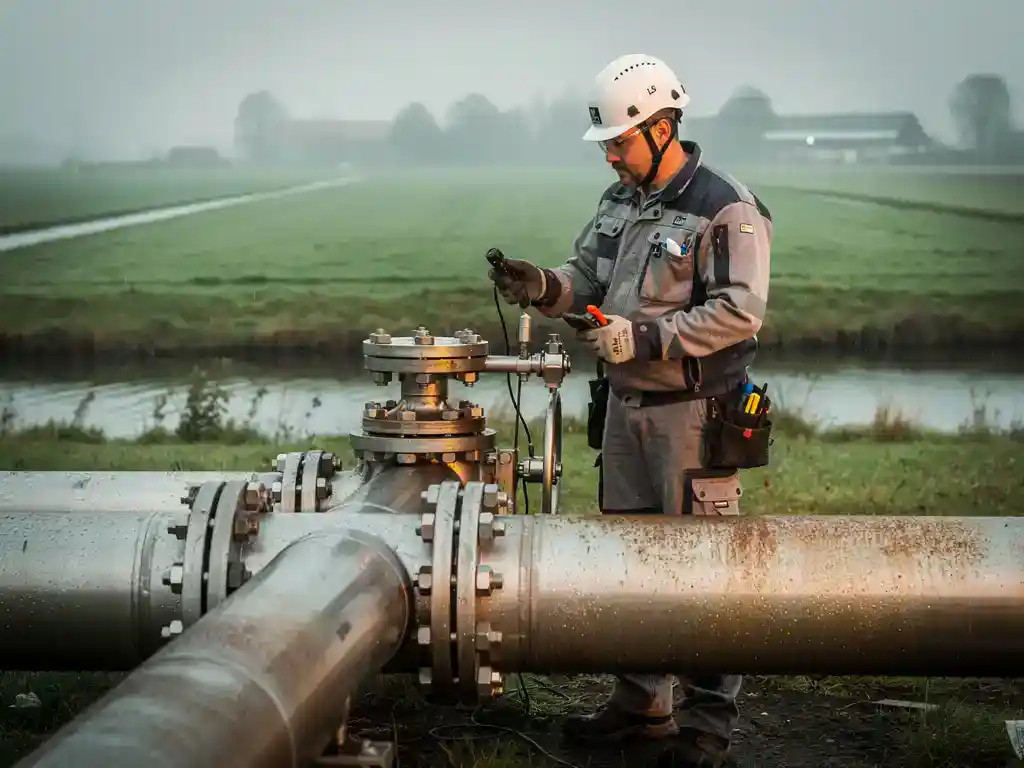Technicus inspecteert industriële pijpleidingen op mistig Noord-Nederlands werkterrein met vlak polderlandschap op de achtergrond.