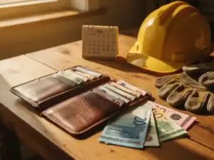Opengevouwen leren portemonnee met euro's op houten tafel, naast bouwhelm, werkhandschoenen en kalender van mei.