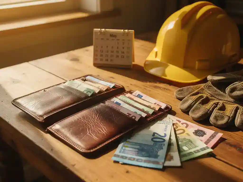 Opengevouwen leren portemonnee met euro's op houten tafel, naast bouwhelm, werkhandschoenen en kalender van mei.