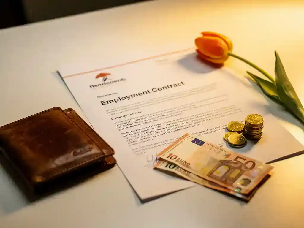 Opengevouwen leren portemonnee naast een Nederlands arbeidscontract, euromunten, bankbiljetten en een oranje tulp op een wit bureau.