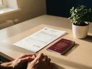 Loonstrook van een buitenlandse werknemer naast een Nederlands paspoort op een kantoorbureau, warm middaglicht.
