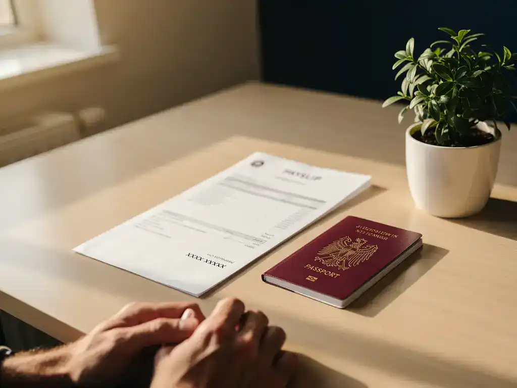 Loonstrook van een buitenlandse werknemer naast een Nederlands paspoort op een kantoorbureau, warm middaglicht.