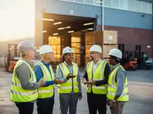 Diverse medewerkers in veiligheidskleding en helmen bij een Nederlands industrieel magazijn, met vorkheftrucks en kratten op de achtergrond.