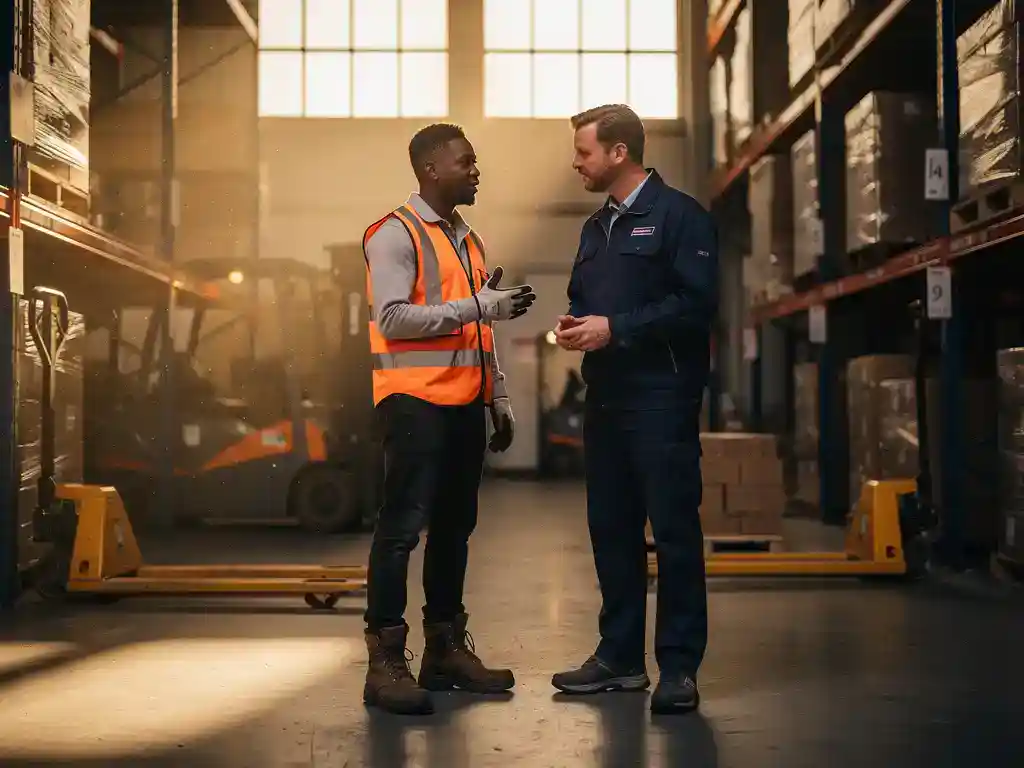 Migrant werknemer in oranje veiligheidsvest in gesprek met Nederlandse collega op magazijnvloer in Nederland.
