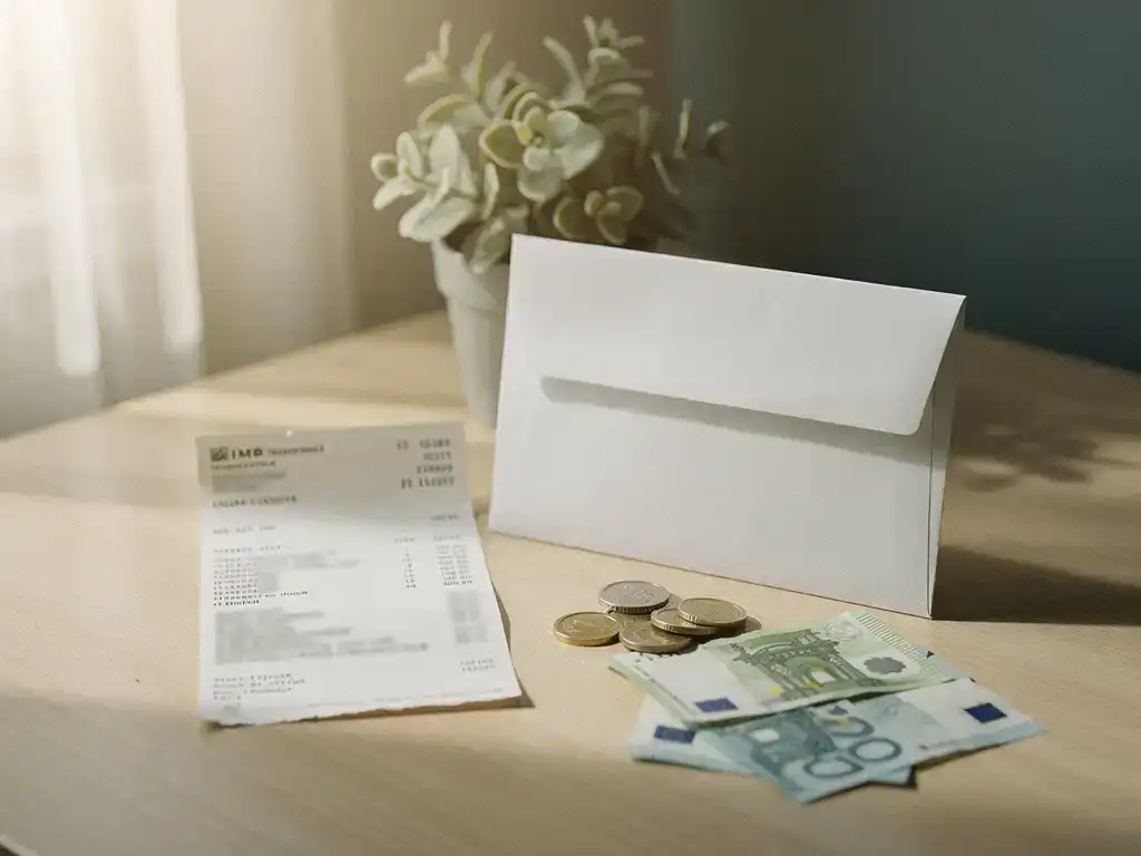 Nederlandse loonstrook naast witte envelop op houten bureau, met eurobiljetten, munten en een kleine kamerplant op de achtergrond.