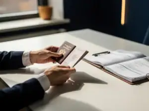 Personeelsfunctionaris controleert paspoort en verblijfsvergunning op kantoor van uitzendbureau in Groningen.
