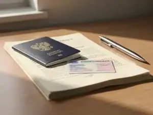 Paspoort, verblijfsvergunning en arbeidscontract op houten bureau met pen, zacht natuurlijk licht.