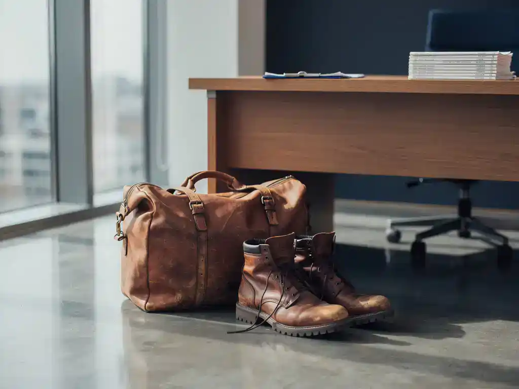 Verweerde reistas en versleten werkschoenen op een glanzende kantoorvloer naast een bureau met contractpapieren, zacht noordelijk licht.