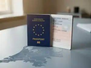 EU-paspoort en Nederlands verblijfsdocument naast elkaar op een kantoorbureau met een kaart van Nederland eronder.