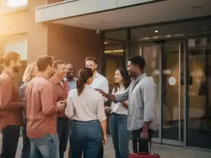 Diverse groep medewerkers bij moderne kantooringang in Groningen, één persoon met reistas, warme ochtendsfeer.