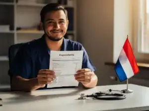 Arbeidsmigrант aan bureau met Nederlandse zorgverzekeringsdocumenten, Nederlandse vlag en stethoscoop, warm kantoorlicht.