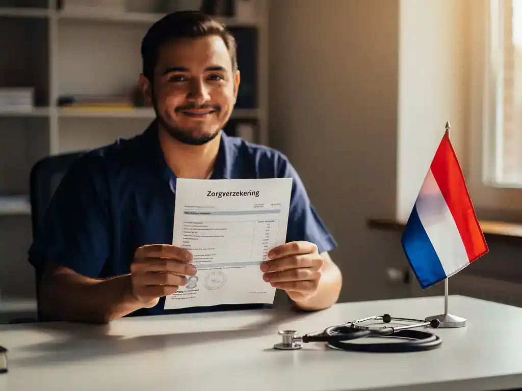 Arbeidsmigrант aan bureau met Nederlandse zorgverzekeringsdocumenten, Nederlandse vlag en stethoscoop, warm kantoorlicht.