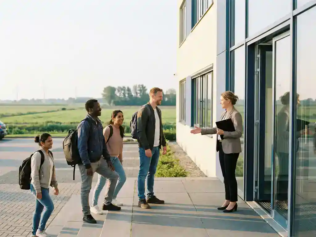 Diverse groep arbeidsmigranten verwelkomd door HR-coördinator bij modern kantoorgebouw in Noord-Nederland, gouden ochtendlicht.