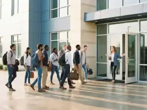 Arbeidsmigranten worden verwelkomd door een recruiter met klembord bij de ingang van een modern Nederlands kantoorgebouw.