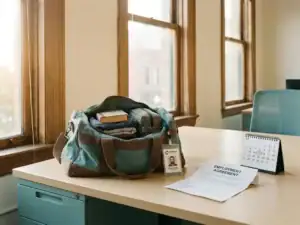 Ingepakte reistas van arbeidsmigrант op kantoorbureau, met nieuw medewerkersbadge, getekend contract en kalender met omcirkelde startdatum.
