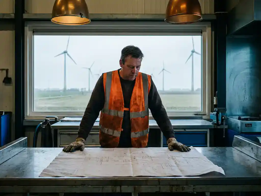 Arbeidsmigrант in veiligheidsvest bestudeert technische bouwtekening in industriële hal, windturbines zichtbaar door raam op de achtergrond.