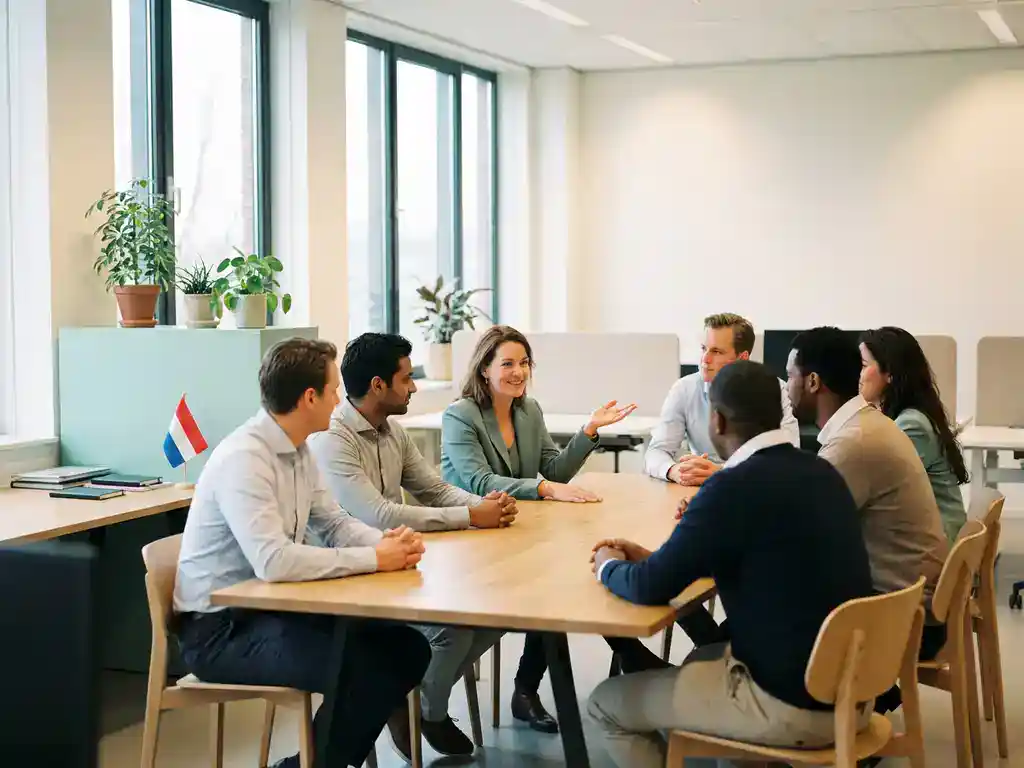 Diverse collega's in modern Nederlands kantoor rond tafel in gesprek, klein Nederlands vlaggetje op bureau, natuurlijk licht.