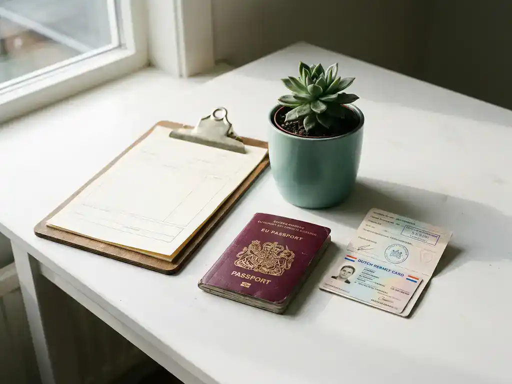 Versleten EU-paspoort en Nederlands werkvergunningsdocument op wit bureau naast potplant en klembord met formulieren.