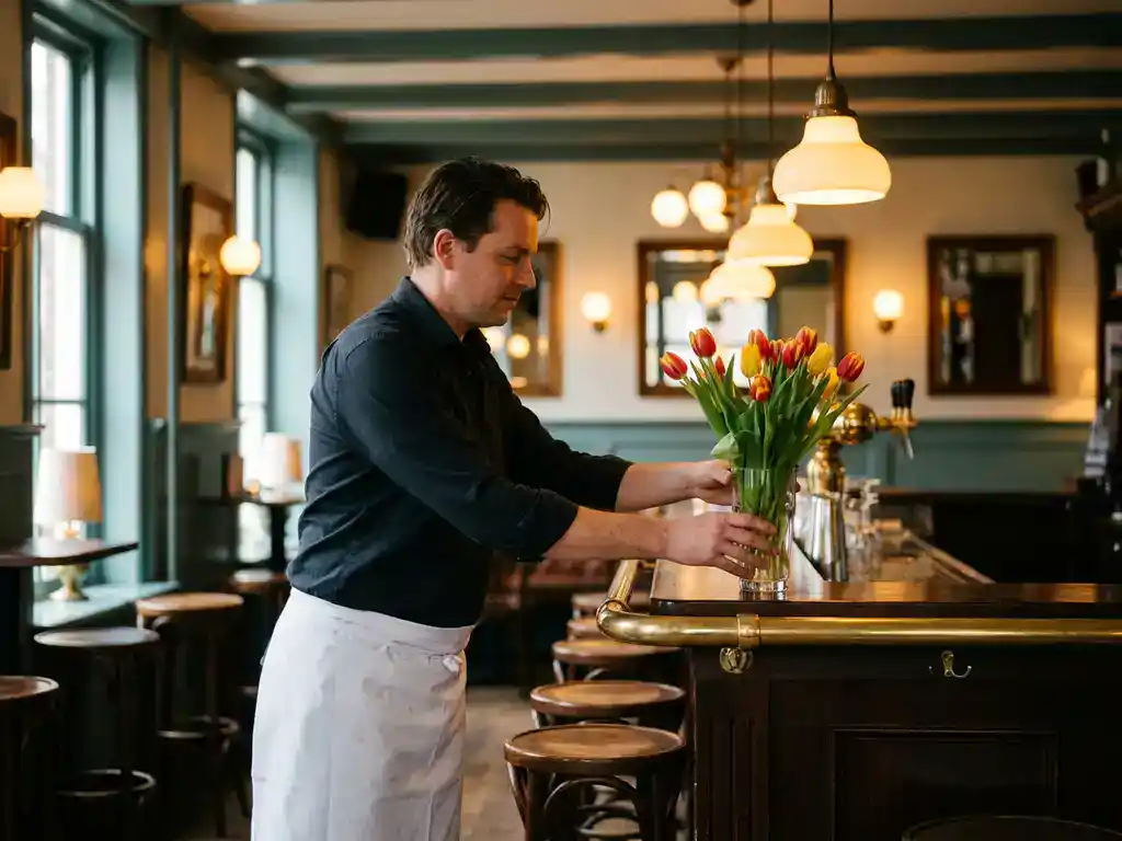 Horecamedewerker in wit schort schikt verse tulpen in glazen vaas op houten barkruk in Nederlands café met warm amberkleurig licht.