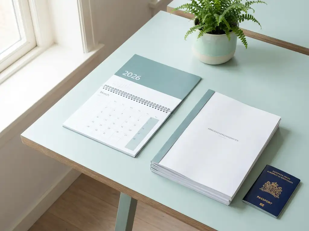 HR-bureau met 2026-kalender, arbeidscontracten en EU-paspoort op een opgeruimd kantoor in Groningen, omgeven door groen en mintgroene accenten.