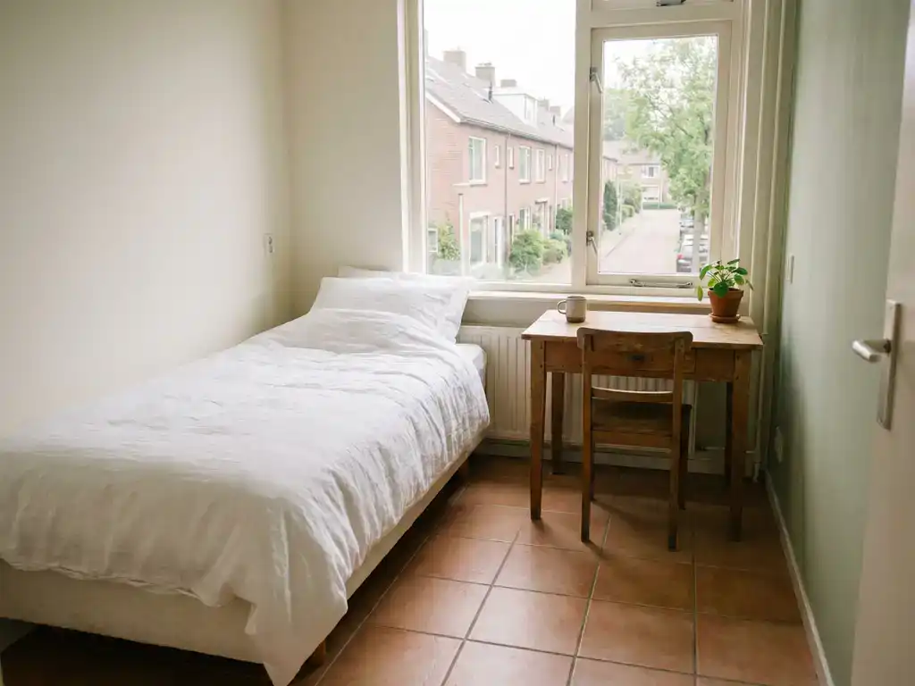 Nette slaapkamer voor arbeidsmigranten met opgemaakt eenpersoonsbed, houten bureau bij raam met uitzicht op Nederlandse woonstraat.