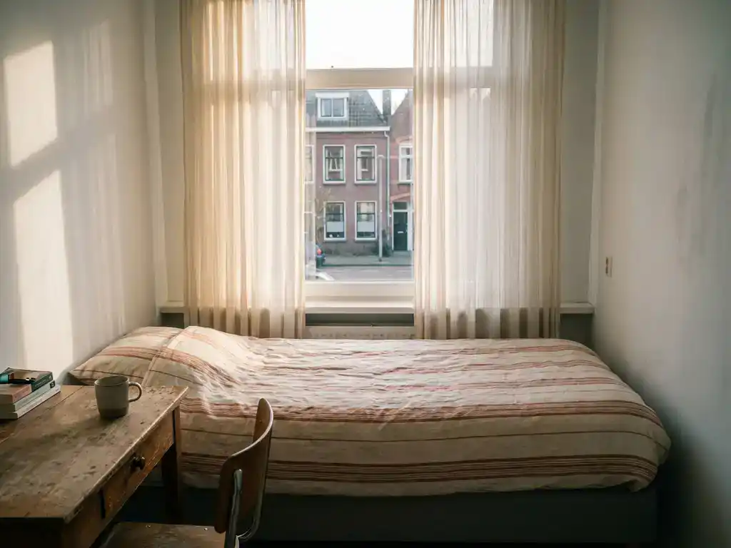Nette gemeubileerde huurkamer met eenpersoonskamer, houten bureau en raam met uitzicht op een Nederlandse straat met bakstenen rijtjeshuizen.