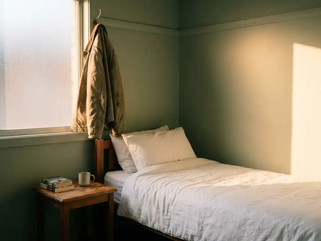 Nette huurkamer met eenpersoonbed, witte beddengoed, houten nachtkastje en werkjas aan kapstok, warm middaglicht door matglas raam.