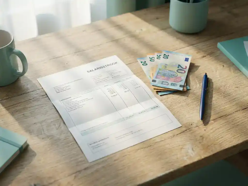 Loonstrook en eurobiljetten op een licht eiken bureau met pen, zacht ochtendlicht en muntgroene tinten.