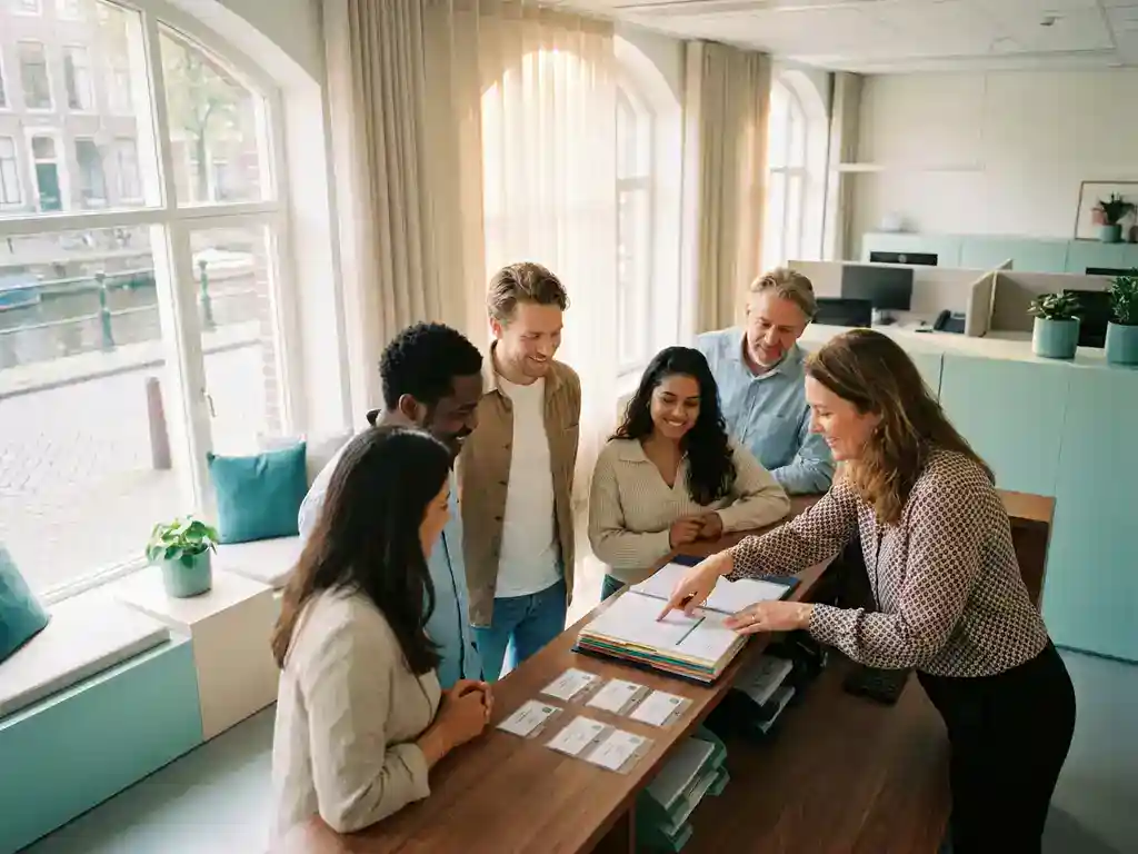Diverse nieuwe medewerkers verwelkomd door HR-coördinator bij receptiebalie met georganiseerde mappen en identificatiedocumenten in modern Nederlands kantoor.